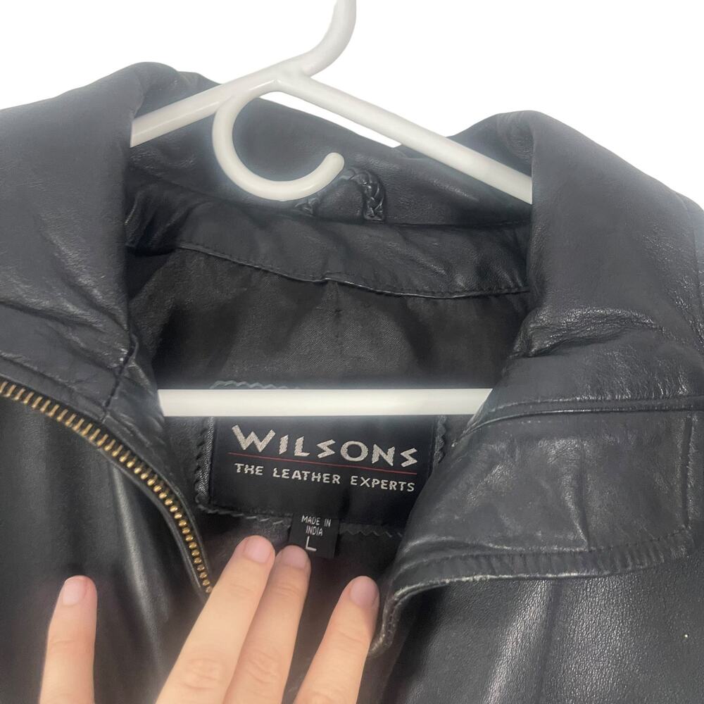 Wilson's Women's Large Vintage 80s Black Leather Moto‎ Biker Belted Jacket Coat - Picture 4 of 10